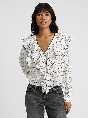 Express Polka Dot Ruffle Front Long Sleeve Top